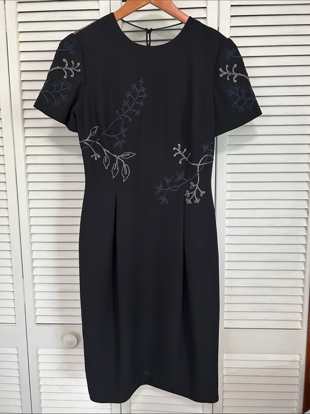 Vintage Maggy London Black Sheath Dress Sheer embroidered back. Size 4.